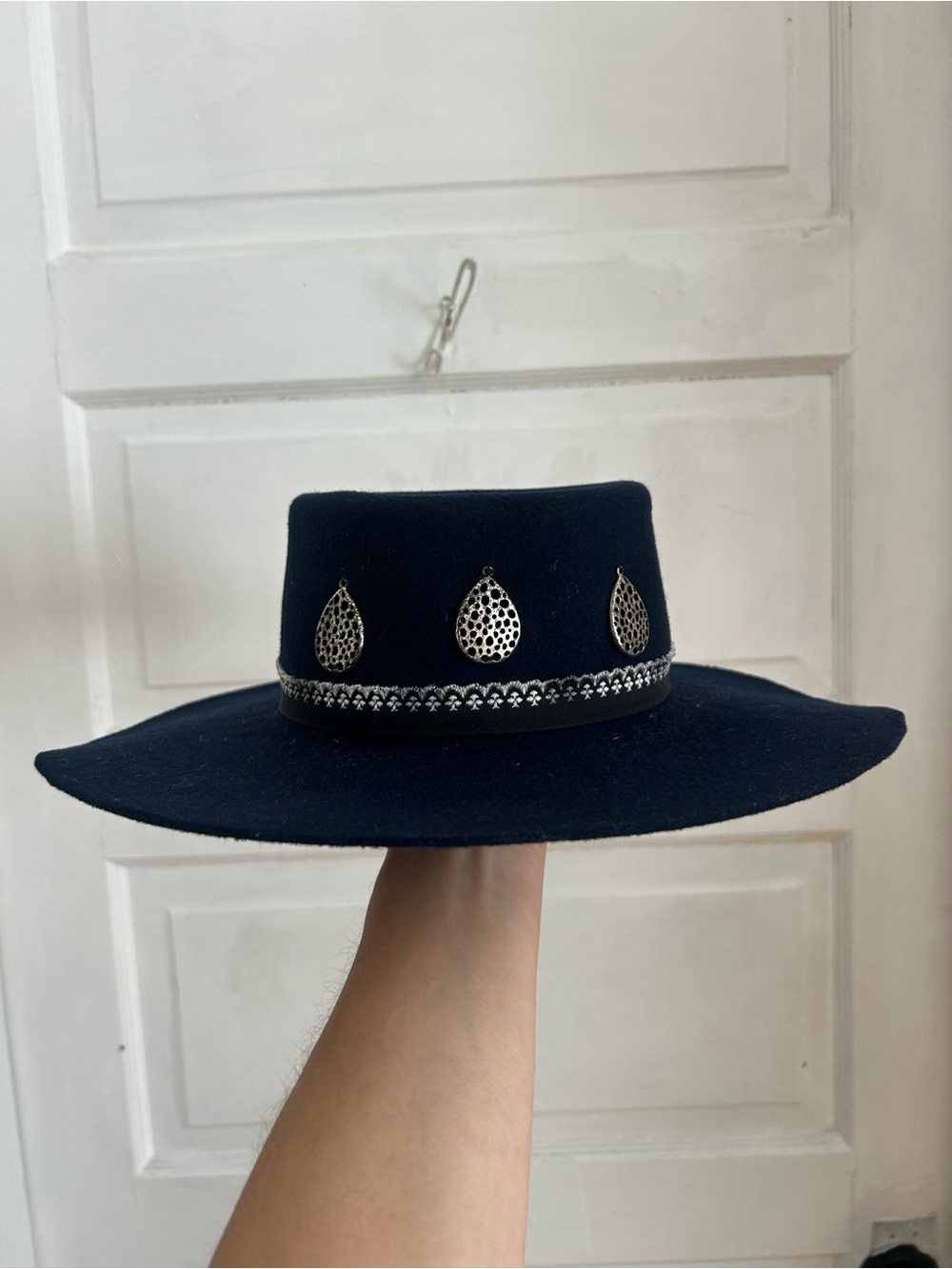 Wide-Brim Wool Felt Hat, Navy with silver hardware and detailing